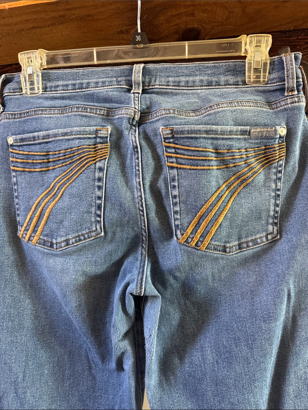 7 For All Mankind Women's Blue Bootcut Jeans with Gold Stitching